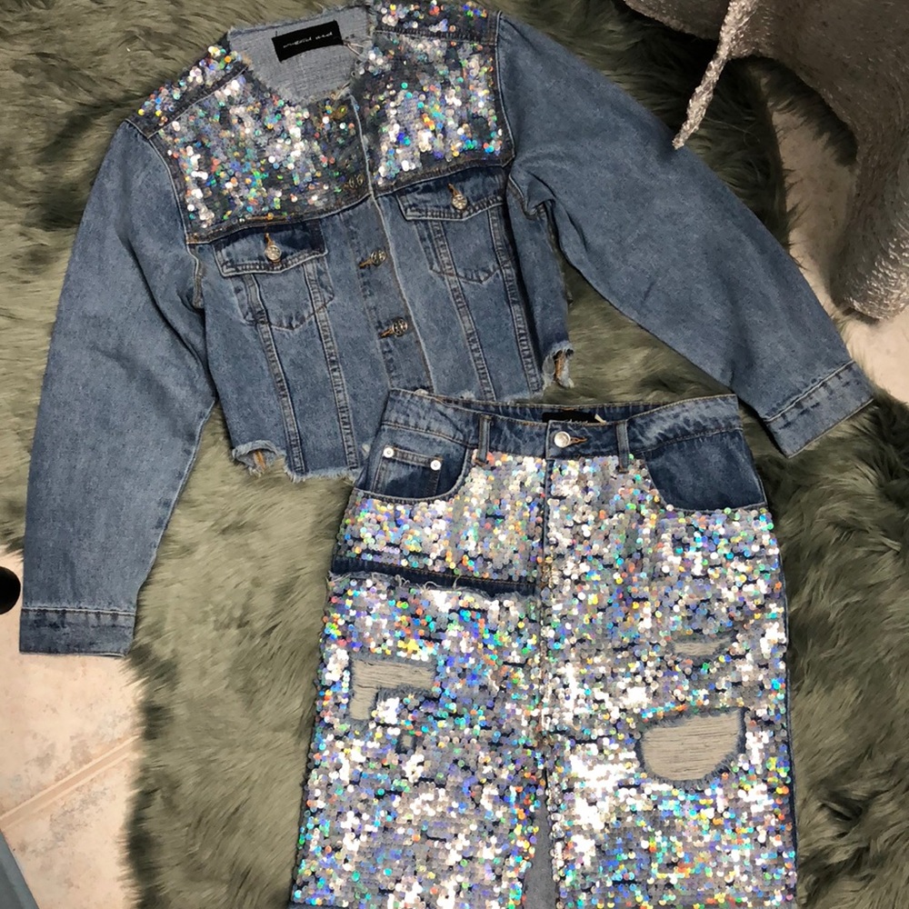 Mustard seed jean jacket crop iridescent sequins